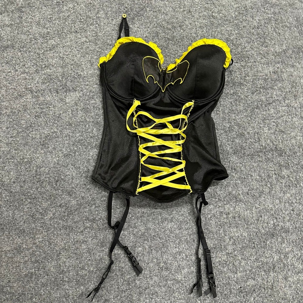 Batman Corset Womens Size L Black Yellow Lace Up Garter Straps Cosplay Lingerie
